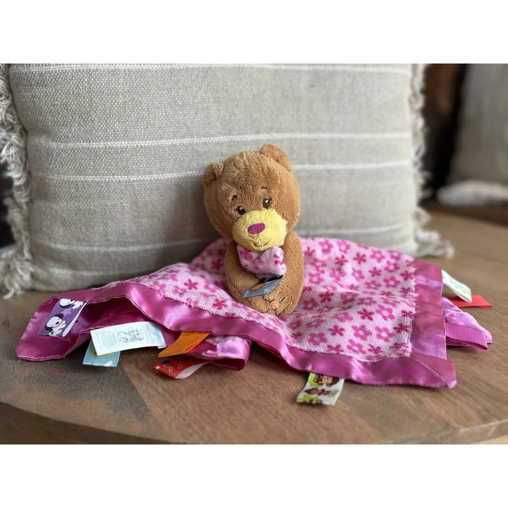 Taggies Pink Floral Teddy Bear Baby Security Blanket Satin Ribbon Loops Plush